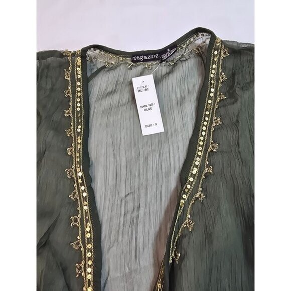 Olive Green Silk Chiffon top, cropped tie front by Magazine Size L New - Picture 6 of 13